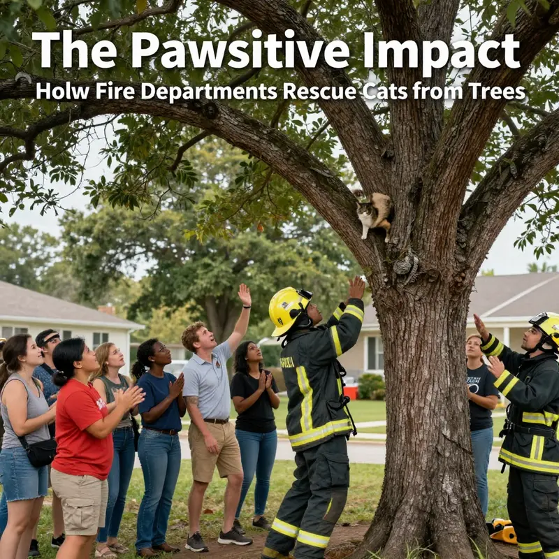 A firefighter putting community service into action by rescuing a cat from a tree.