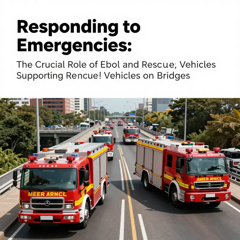 A collection of emergency vehicles, including fire trucks and ambulances, on a busy city bridge during an emergency response.