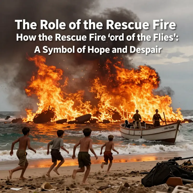 The beach setting where the rescue fire was initially maintained, representing hope for the boys stranded on the island.