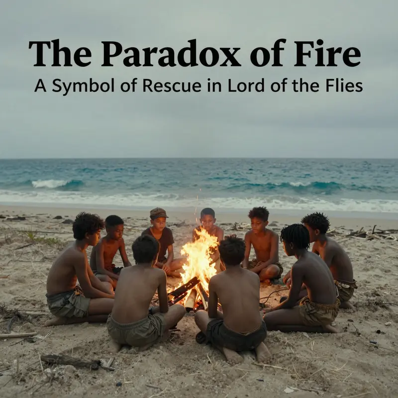 A group of boys around a small fire on a deserted island, illustrating the themes of fire in Lord of the Flies.