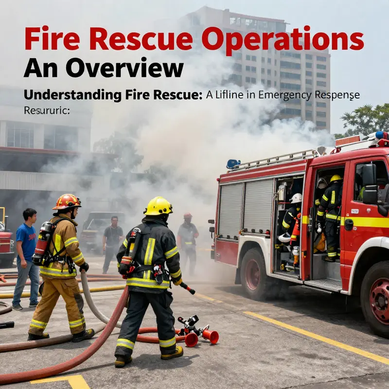 Firefighters coordinate efforts in a high-rise fire rescue operation.