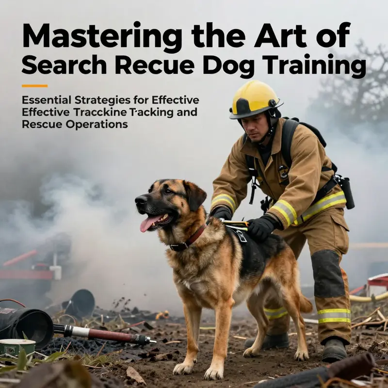 A fire search and rescue dog with its handler, intensely focused on locating a missing person in a smoke-filled disaster zone.
