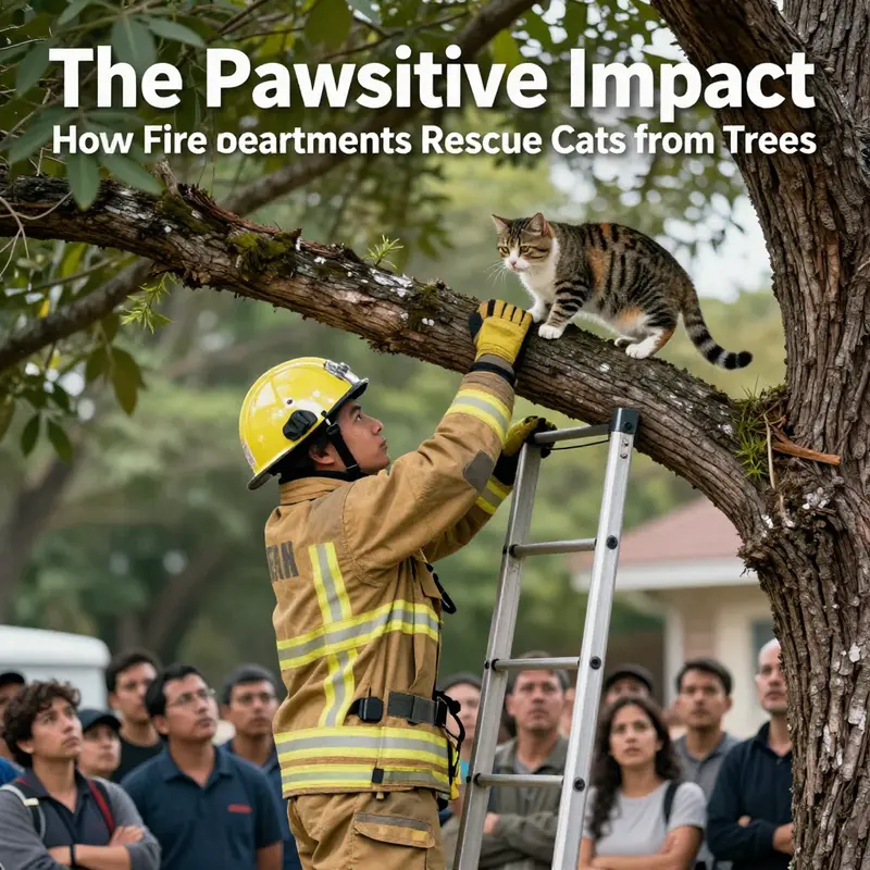 A firefighter putting community service into action by rescuing a cat from a tree.