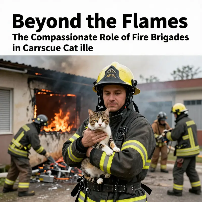 A firefighter cradling a rescued cat outside a burning building, showcasing bravery and dedication.
