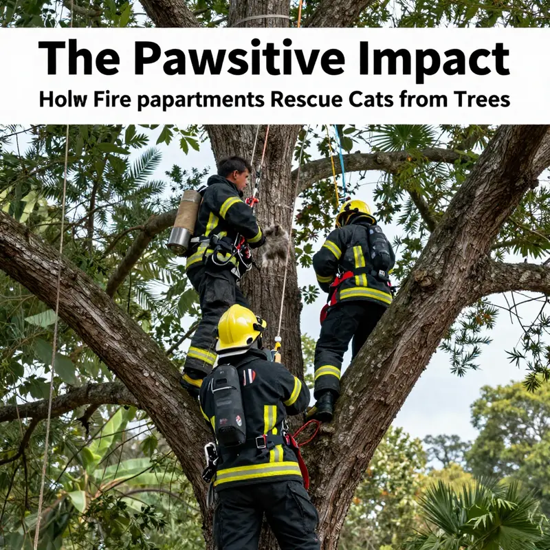 A firefighter putting community service into action by rescuing a cat from a tree.
