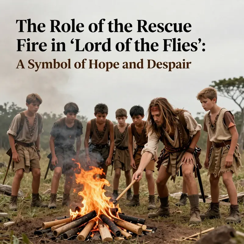 The beach setting where the rescue fire was initially maintained, representing hope for the boys stranded on the island.