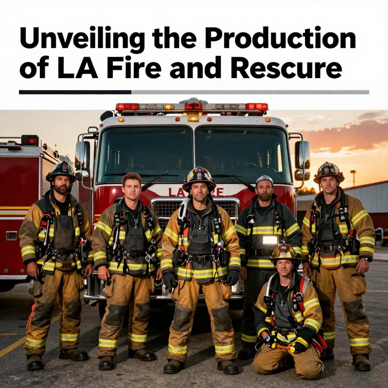 The cast of LA Fire and Rescue standing proudly in front of a fire truck, representing the spirit of teamwork among firefighters.