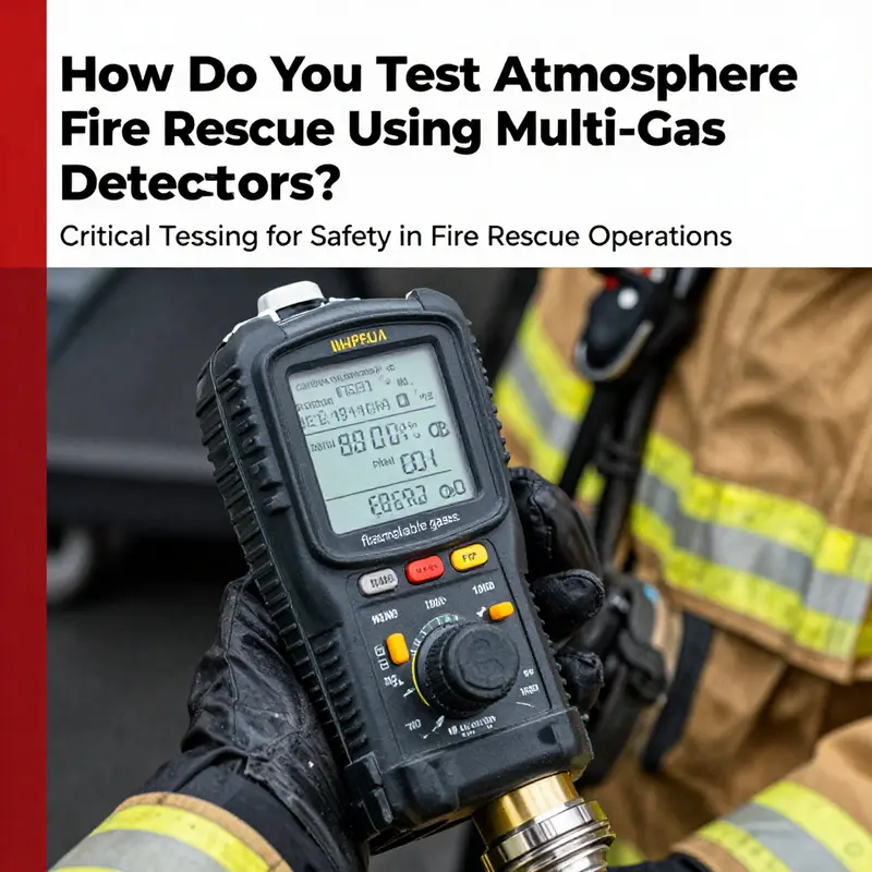 A fire rescue professional using atmosphere testing equipment for safety evaluations in a dangerous environment.