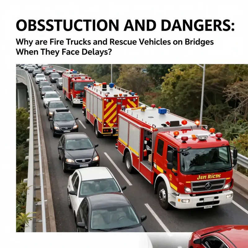 Fire trucks and rescue vehicles responding urgently to an emergency situation on a bridge.