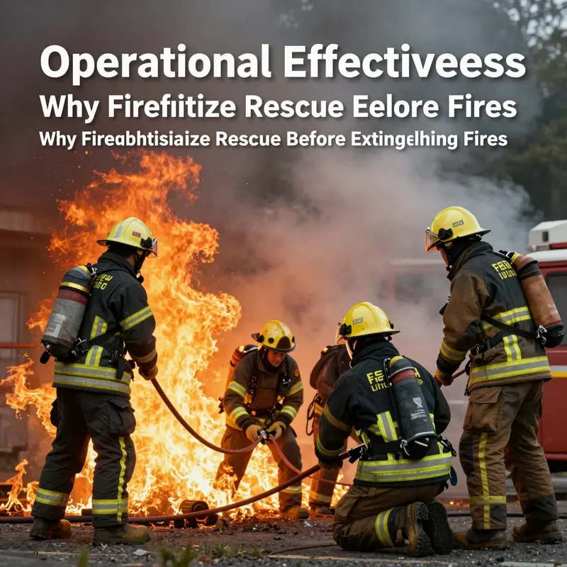 A firefighter focused on a rescue operation amid a burning structure, illustrating the critical nature of saving lives first.