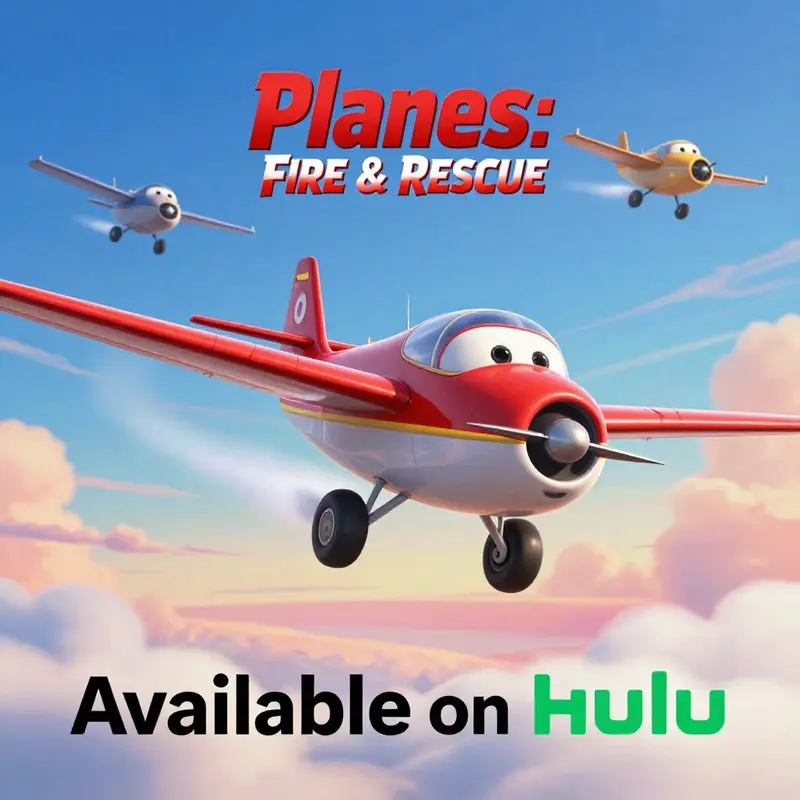 A vibrant scene from *Planes: Fire & Rescue*, showcasing its availability for streaming on Hulu.