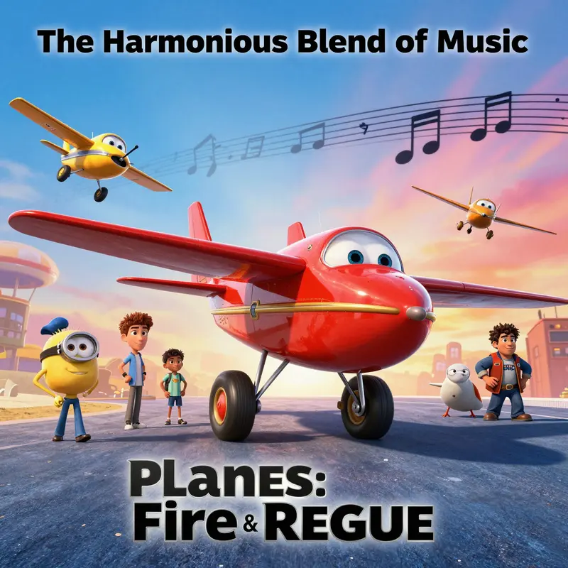 Montage of scenes from *Planes: Fire & Rescue*, showing characters and musical notes, reflecting the film's dynamic soundtrack.