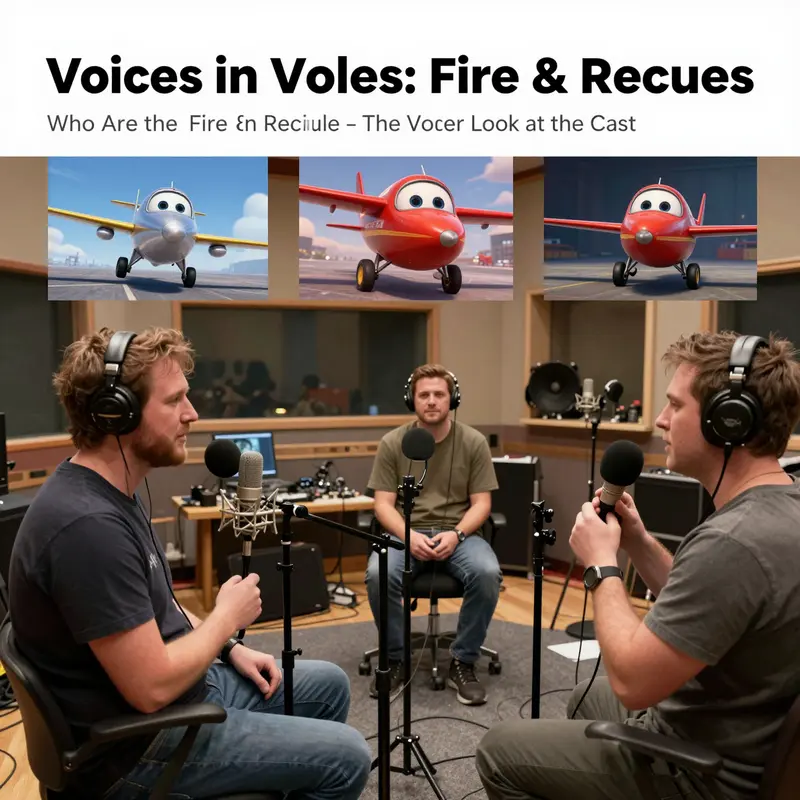 A vibrant collage showcasing the main voice cast of Planes: Fire & Rescue, highlighting the dynamic nature of their performances.