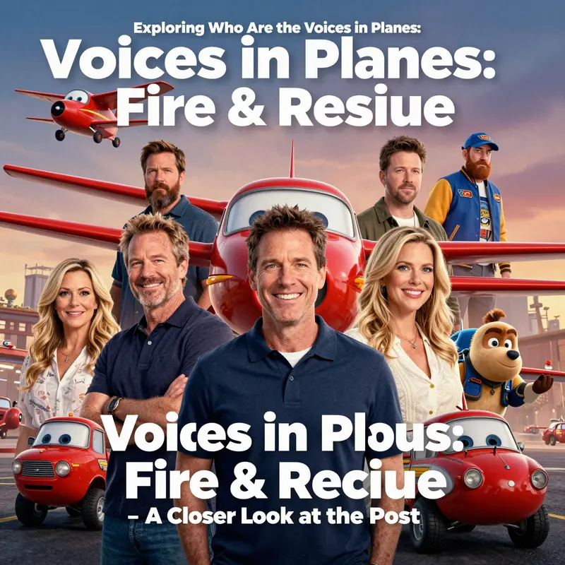 A vibrant collage showcasing the main voice cast of Planes: Fire & Rescue, highlighting the dynamic nature of their performances.
