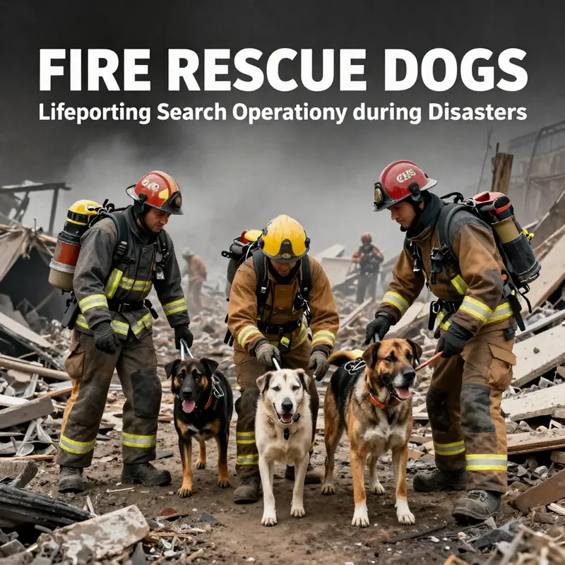 A trained fire rescue dog diligently searching through debris to find survivors.