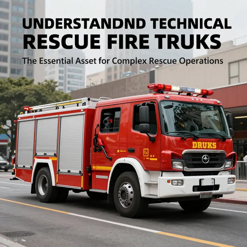 A technical rescue fire truck positioned in an urban environment, demonstrating its readiness for complex rescue operations.