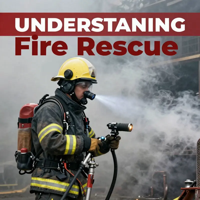 Firefighters coordinate efforts in a high-rise fire rescue operation.