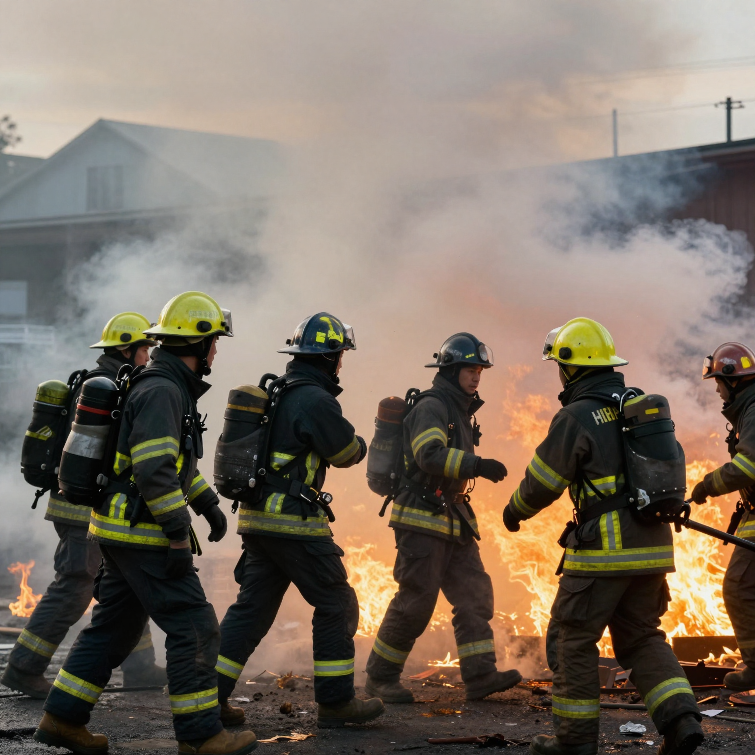 Dramatic fire scene depicting firefighters battling flames with urgency