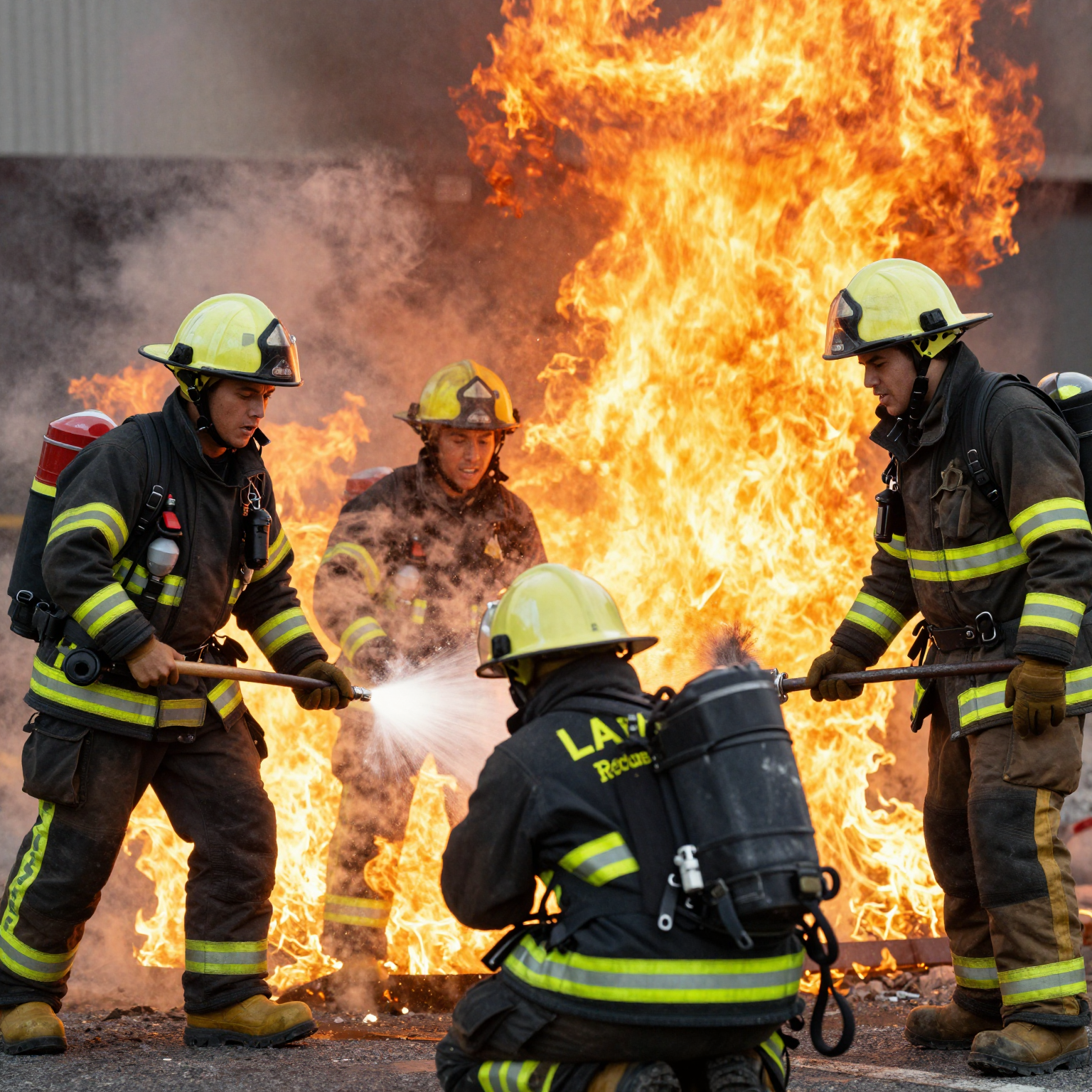 Iconic scene from 'LA Fire and Rescue' showcasing heroic firefighters battling flames.