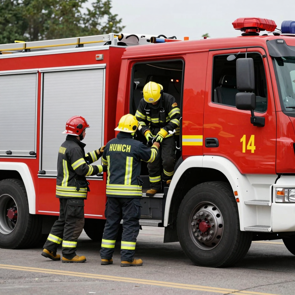 Firefighters using a fire rescue truck