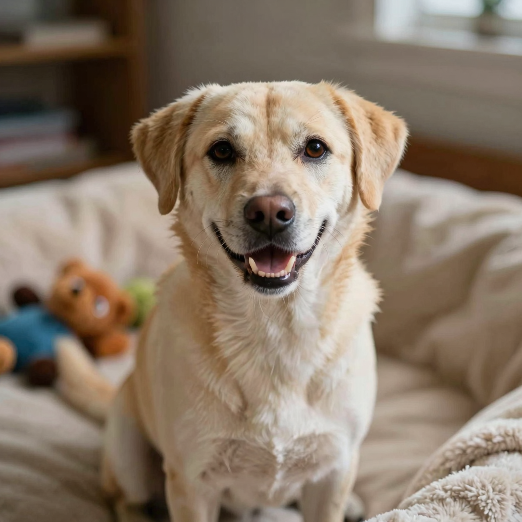 A touching image of a rescue animal, such as a dog or cat, in a comforting environment with soft lighting, showing its hopeful expression. The background includes elements that represent support and caring, like soft blankets or toys, to evoke empathy and support for animal rescue causes during fire crises.
