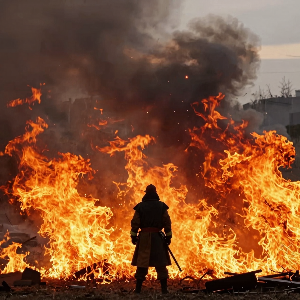 A fiery landscape depicting a duke trapped in flames
