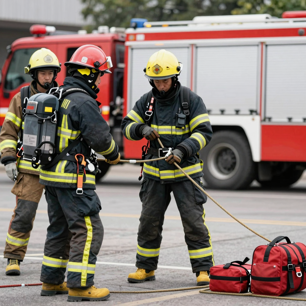 Fire department team performing a technical rescue with equipment like ropes and ladders in an urban environment.