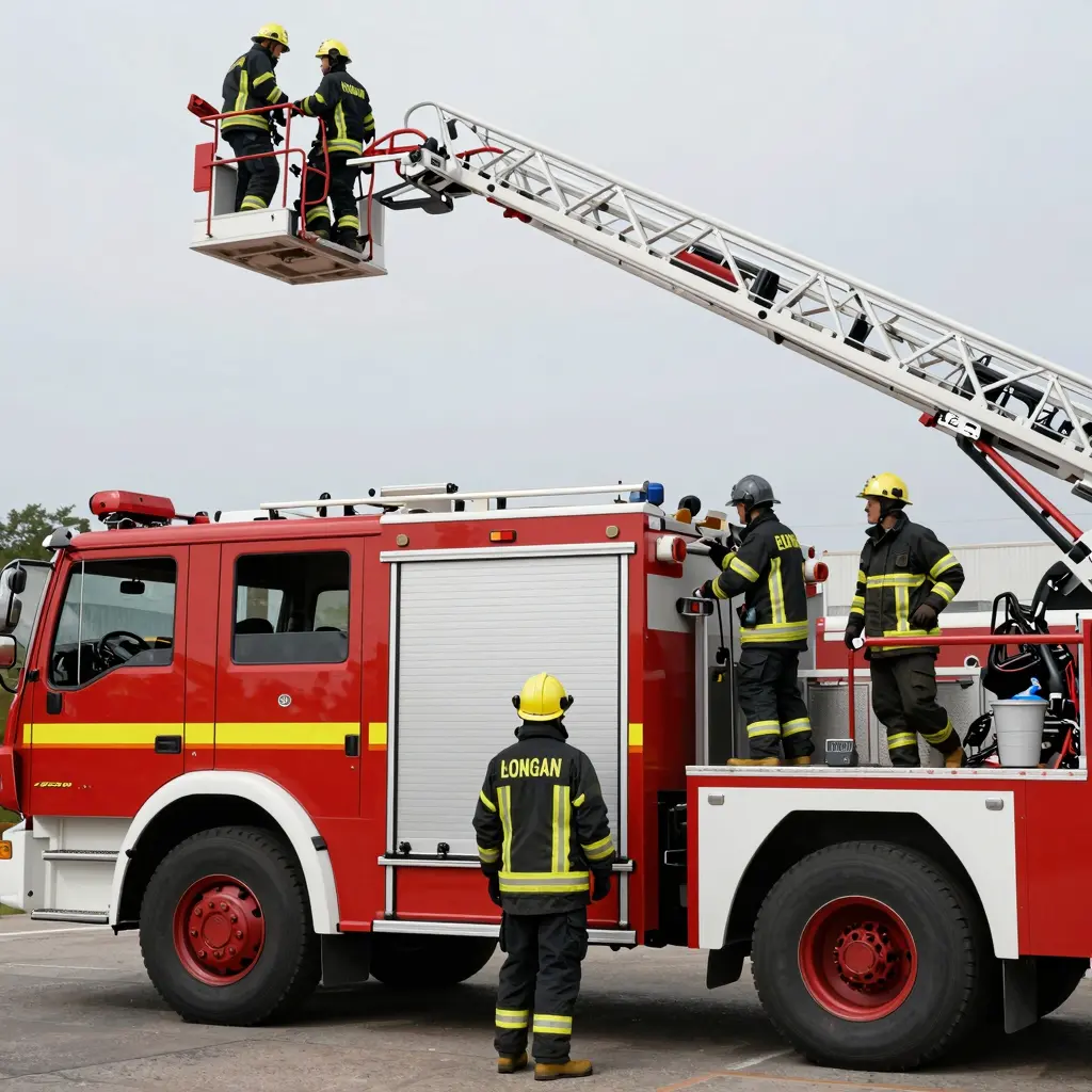A firefighter operating a fire engine ladder truck during a rescue mission, illustrating teamwork and the critical importance of the vehicle in emergency situations.