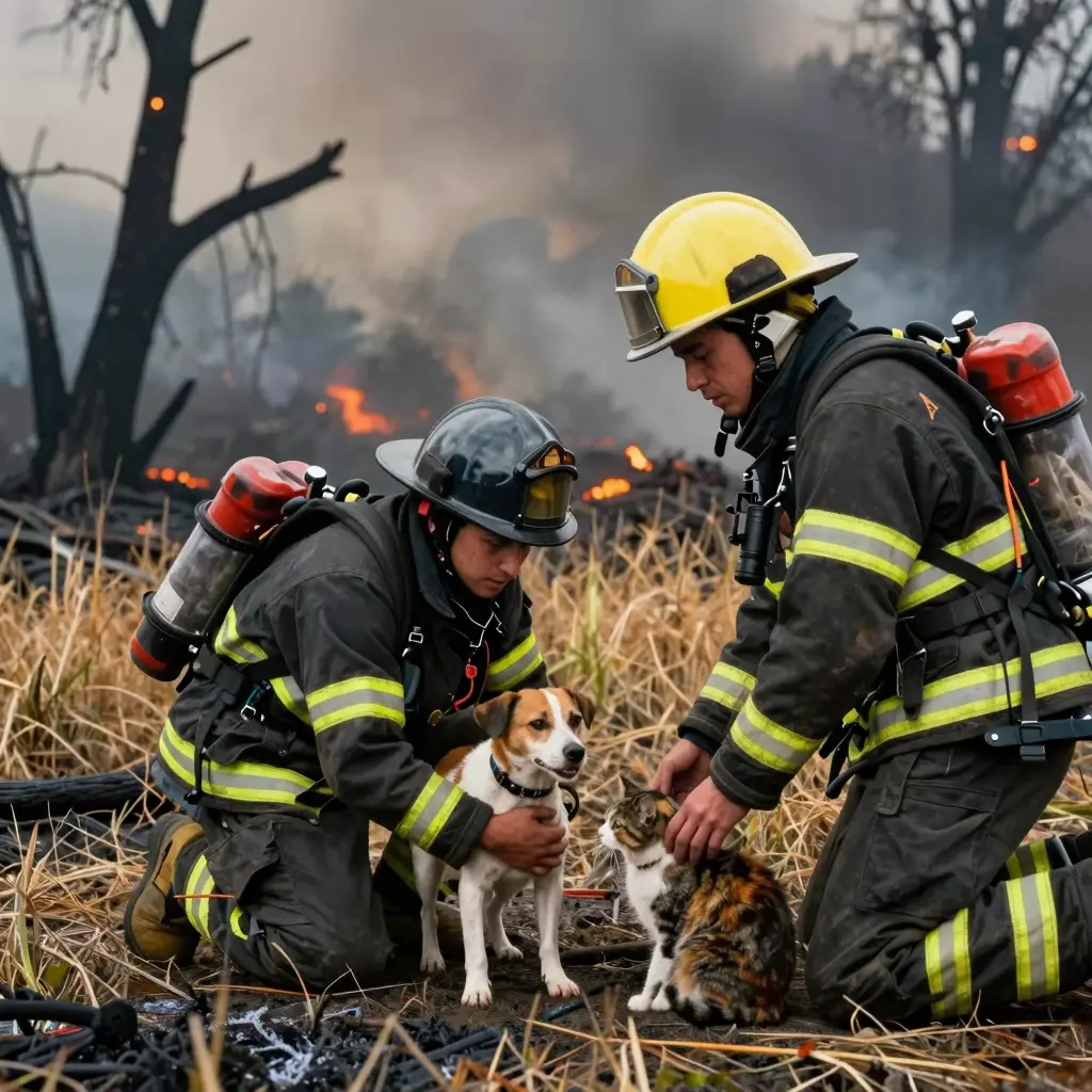 Firefighters rescuing animals during California fires