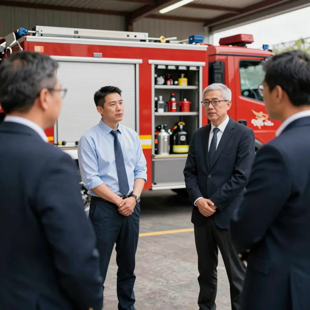 A professional setting with business owners discussing fire safety equipment, a demo fire apparatus in the background conveying urgency and professionalism.