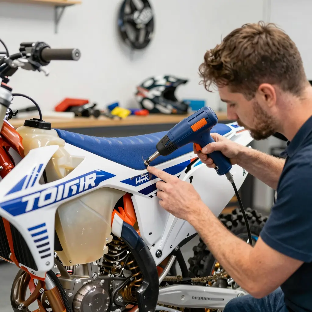 A professional motorcycle technician carefully removing graphics from a dirt bike, using a heat gun, with attention to not damaging the paint.