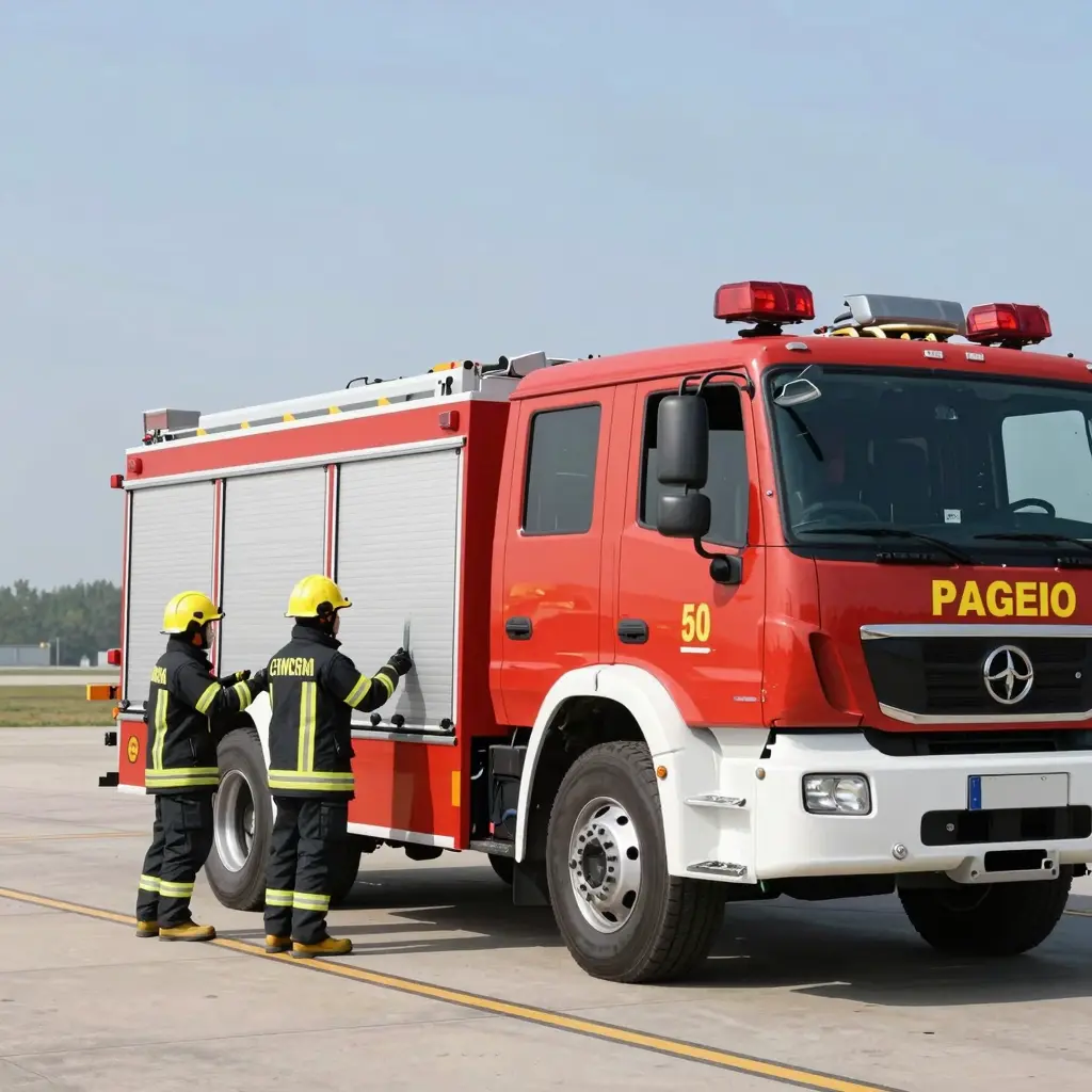 Firefighter operating an advanced airport fire truck during an emergency drill