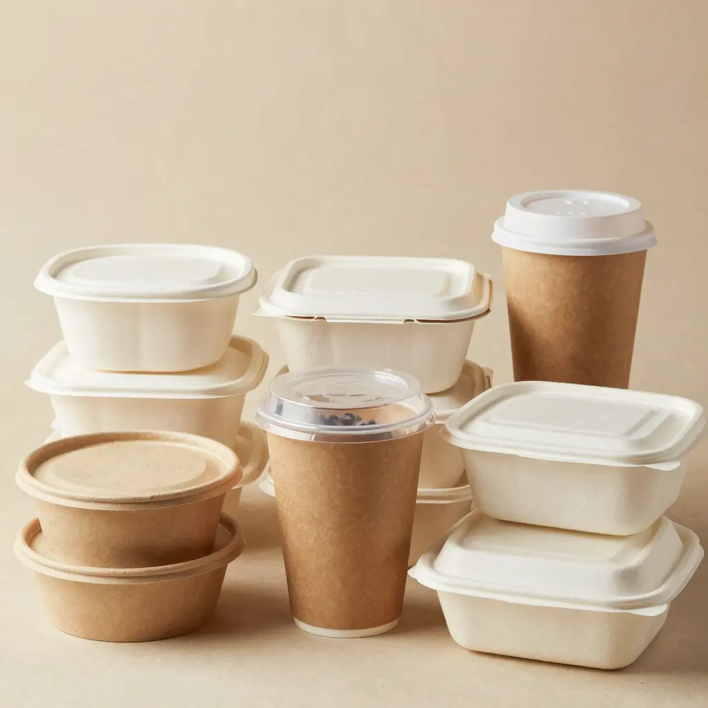 A visually appealing image showcasing a variety of disposable food containers
