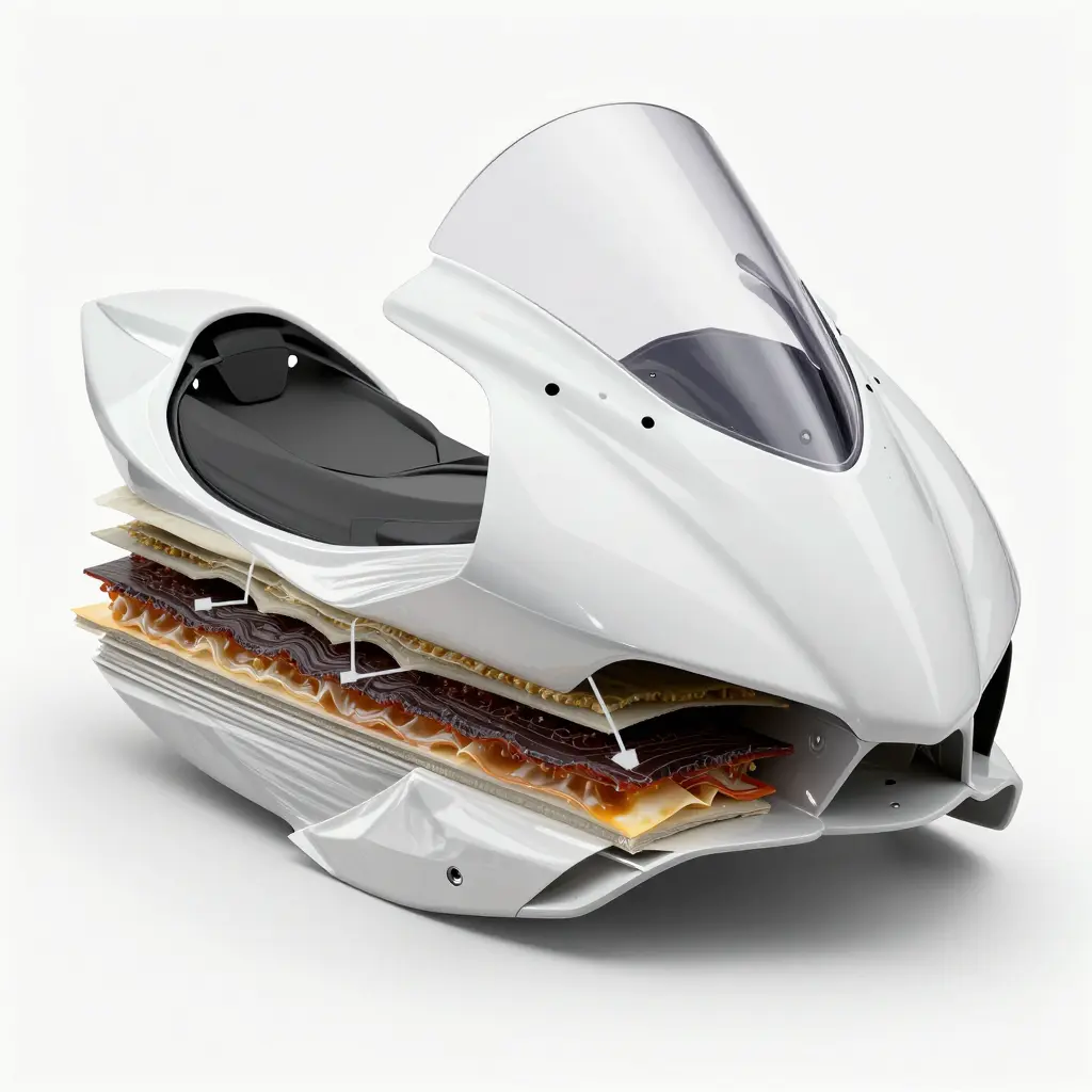 Cutaway illustration of a hand-laid fiberglass fairing showing fiberglass cloth, resin layers, and gel-coat surface