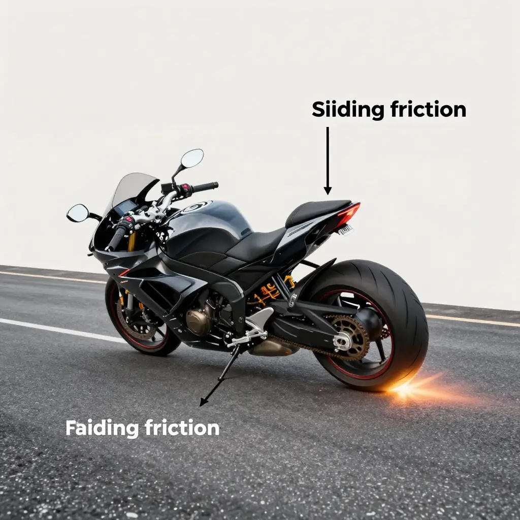 Technical diagram of a low-side drop showing sliding friction, point-load impact, and heat buildup at the fairing contact patch