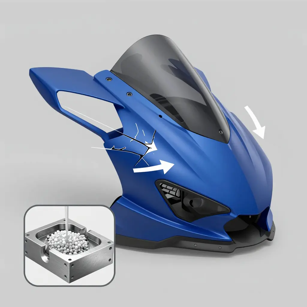 Cutaway illustration of an ABS motorcycle fairing flexing to absorb impact instead of cracking, with an inset showing the injection-molding process