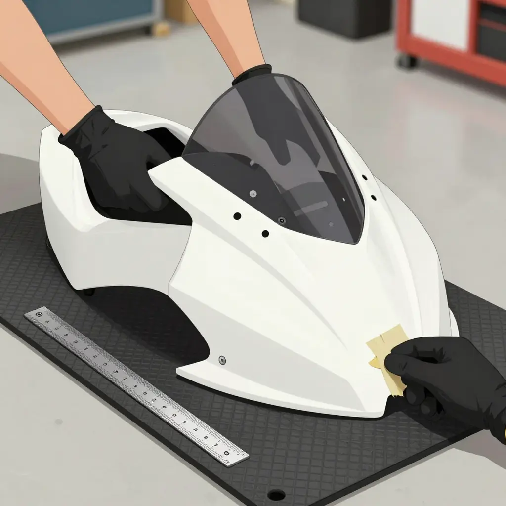 Rider dry-fitting an aftermarket fairing on a padded surface while measuring hole spacing