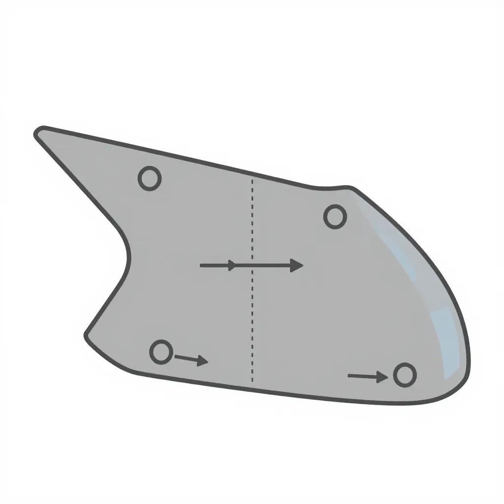 Simple flat two-dimensional technical diagram of a fairing side panel showing mounting bolt holes, a dashed vertical centerline reference, and paired double-headed arrows measuring hole offset from the centerline and the edge gap between the panel edge and reference edge.